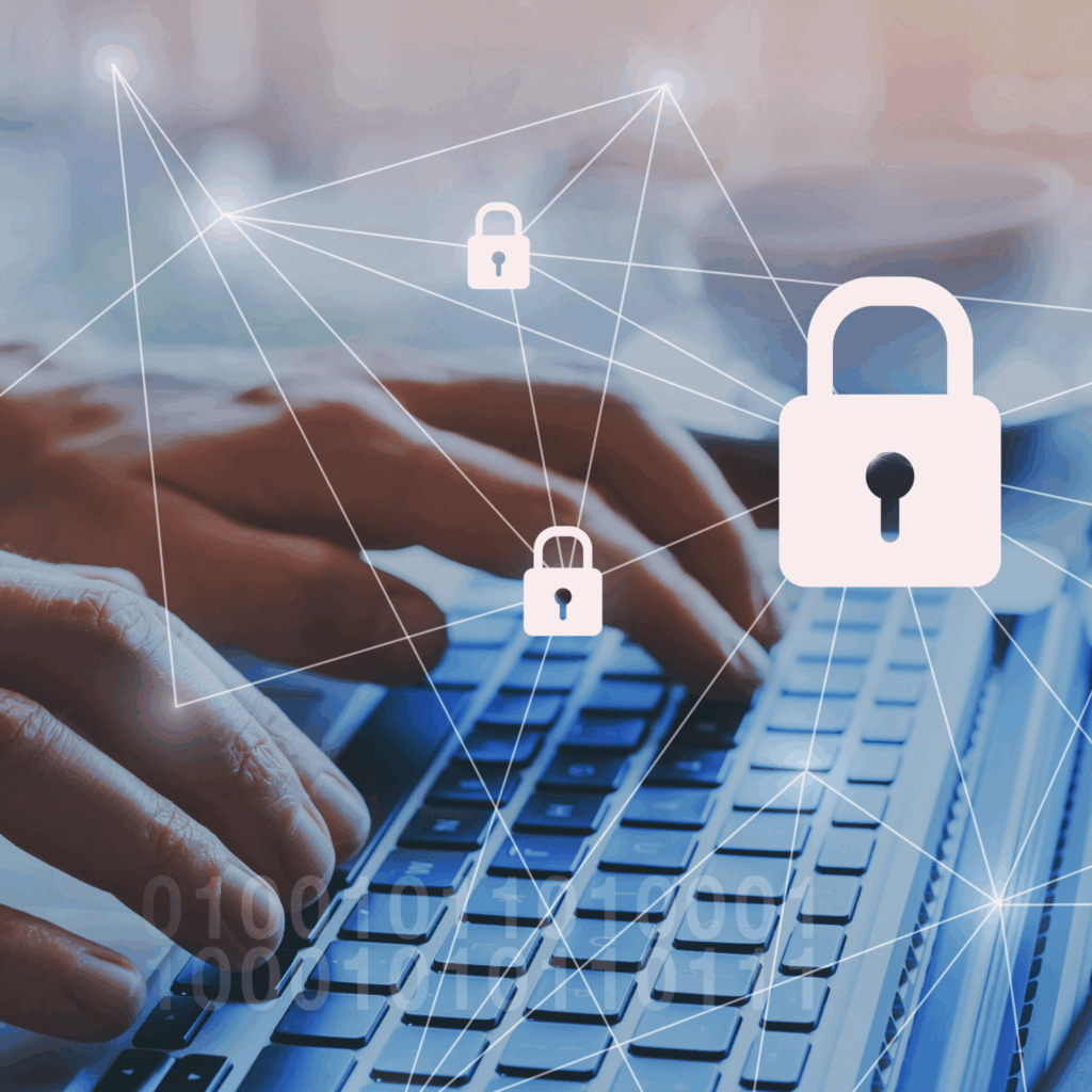 Hands typing on a laptop keyboard with digital padlock icons and connected lines overlay, symbolising blockchain security and encrypted data networks.