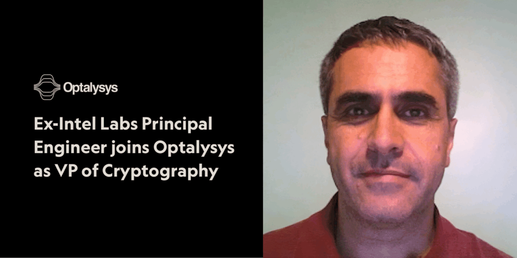 Portrait of Flavio Bergamaschi, former Intel Labs Principal Engineer, with announcement text: 'Ex-Intel Labs Principal Engineer joins Optalysys as VP of Cryptography' next to Optalysys logo.