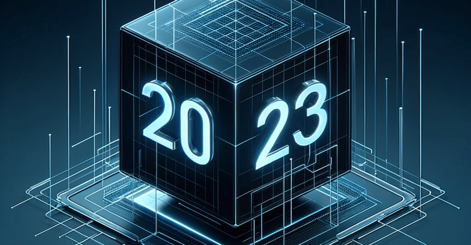 DALL·E 2023-12-20 16.55.59 - Adjust the current image by placing the numbers '20 23' on the facing side of the central cube, instead of the top. The cube is part of a holographic